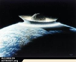 El concepto del artista Don Davis de un impacto catastrófico con la Tierra. La vida cerca del impacto desaparecería debido a los efectos por altas temperaturas y presiones. La inyección de grandes masas de polvo (y gases) a la atmósfera podrían bloquear de manera efectiva la luz solar por largos períodos de tiempo, al punto de que la mayor parte de la vida no podría ser sustentable (“Invierno Nuclear”).
<i>Crédito: <a href= http://impact.arc.nasa.gov/ target=_blank><u>Centro Ames de la NASA.</u></a></i>