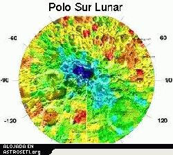 La distribucin de la radiacin de neutrones de bajo nivel alrededor del polo sur de la Luna. "Los manchas calientes" se muestran en color rojo; las manchas fras, en azul. Crdito: Lunar Prospector. 
[<a href= http://lunar.arc.nasa.gov/results/neures.htm target=_blank><u>Ms informacin</u></a>]
