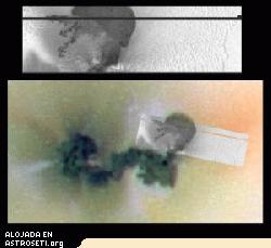 Esta es una imagen de alta resolucin de parte del Prometeo, un volcn activo sobre la volcnica luna de Jpiter, Io. En imgenes previas de menor resolucin, pareca que todo el material oscuro en Prometeo se compona de un solo y largo flujo de lava. La nueva imagen muestra por primera vez que el extremo noreste de esta oscura caracterstica en realidad es una caldera llena de lava de 28 kilmetros de largo (17 millas) y 14 kilmetros de ancho (9 millas). La fuente subterrnea de la lava del Prometeo probablemente est debajo de esta caldera recin descubierta. Los cientficos del Galileo tambin estn intrigados por el campo de nieve que contiene montculos, vistos al este de la caldera de Prometeo. [<A HREF=http://photojournal.jpl.nasa.gov/cgi-bin/PIAGenCatalogPage.pl?PIA02508 target=_blank>Ms informacin</A>].