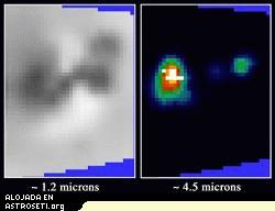 El volcn activo Prometeo sobre la luna de Jpiter, Io, fue retratado por el instrumento el espectrmetro de mapeo del infrarrojo cercano a bordo de la sonda Galileo de la NASA durante el vuelo cercano a Io el 10 de octubre, 1999. El espectrmetro puede detectar volcanes activos en Io midiendo su calor en las longitudes de onda del infrarrojo cercano (justo ms all del extremo rojo de la visin humana). Tambin puede obtener informacin de la composicin de los materiales sobre la superficie de Io usando las mismas longitudes de onda. La imagen de la izquierda, tomada en una longitud de onda infrarroja, muestra las diferentes composiciones de los materiales sobre volcn. Se cree que los materiales oscuros es silicato de lava y que el material blanco es dixido de azufre congelado. La imagen de la derecha fue tomada a una longitud de onda infrarroja ms grande que muestra el calor saliendo del volcn. Las reas ms calientes aparecen en blanco y las ms fras aparecen en negro.  [<A HREF=http://photojournal.jpl.nasa.gov/cgi-bin/PIAGenCatalogPage.pl?PIA02509 target=_blank>Ms informacin</A>]. 