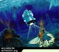 Concepto del artista de un explorador submarino en Europa. El hidro robot trazaría el terreno submarino y buscaría vida cerca de respiraderos volcánicos. Crédito de la imagen por JPL