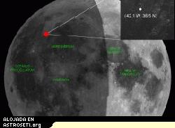 El punto rojo seala la localizacin del impacto de meteroide del 7 Nov. 2005. 
<i>Crditos: NASA/MSFC/Bill Cooke</i>
[<a href=http://science.nasa.gov/headlines/y2005/images/lunartaurid/sitemap_new_big_spanish.jpg target=_blank>Agrandar imagen</a>]
