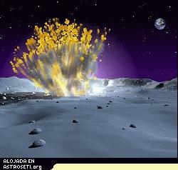 Una visin artstica de la explosin del 7 Nov. 2005. 
<i>Crditos: NASA/MSFC</i>
[<a href=http://science.nasa.gov/headlines/y2005/images/lunartaurid/impact2.jpg>Agrandar la imagen</a>]
