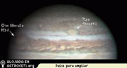 Manchas rojas en Jpiter, fotografiadas por el astrnomo amateur Christopher Go el 27 de Feb. de 2006. [<a href=http://science.nasa.gov/headlines/y2006/images/redjr/go1.jpg target=_blank>ampliar imagen</a>]
