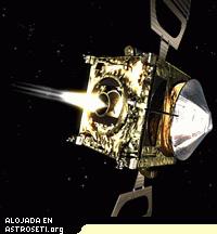 Concepto artístico del primer encendido de prueba del motor principal de la nave espacial Venus Express, realizándose en el espacio durante la noche de 16/17 febrero 2006. El encendido comenzó a las 01:27 CET y duró unos tres segundos. Créditos: ESA Pulsa <a href="http://www.esa.int/esaCP/SEME02NFGLE_index_1.html" target="_blank">aquí</a> para agrandar.