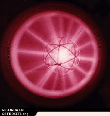 Observando el corazón de una estrella. Lo que luce como el modelo de un átomo de los 50s, es un cátodo hueco con una delgada nube de plasma contenida dentro de una cámara CIE de fusión, suficientemente pequeña para colocarse sobre un banco de laboratorio. (UIUC)