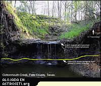Caída de agua en Cottonmouth Creek sobre el depósito con esférulas del impacto de Chicxulub retrabajadas. La capa original de materiales eyectados por Chicxulub fue descubierta en una capa de arcillas amarillas a 45 cm bajo la base del depósito. La arcilla amarilla representa una arcilla esmectítica tipo Cheto consistente en la alteración de las esférulas de vidrio originadas por el impacto de Chicxulub.
Creditos: GSA