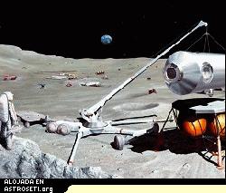 Concepcin del artista Pat Rawling de una base lunar con personal. 
[<a href= http://www.spaceflight.nasa.gov/gallery/images/mars/lunarbases/html/s84_43855.html target=_blank>Ms informacin</a>]
