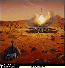 Representacin artstica del despegue del cohete de Regreso con Muestras de Marte, mientras un rover marciano se refugia convenientemente detrs de una roca.
Crditos de la imagen: NASA