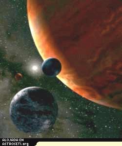 Concepción artística de planetas extrasolares y sistema estelar. La microlente gravitacional usa las estrellas de fondo como una suerte de lupa para ayudar a detectar estrellas distantes y sus planetas. Cuando una estrella más cercana a nosotros pasa frente a una más distante, su gravedad curva y amplifica la luz de la estrella distante. Esto resulta en un incremento aparente de la luz de la estrella distante.
Crédito: John Rowe animation