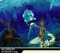 Recreación artística del océano líquido bajo la helada superficie de Europa. Algunos científicos creen que la vida similar a los microbios que viven alrededor de las chimeneas hidrotermales podría también sobrevivir en entornos similares de Europa.
Crédito: NASA