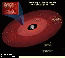 Ilustración del anillo de generación de escombro rodeando la estrella AU Microscopii, de 12 millones de años de edad. Cuerpos porosos, del tamaño de bolas de nieve, chocan dentro del anillo de generación. Vientos estelares dispersan los gránulos de polvo fuera de la estrella, más allá del anillo de generación, hacia el disco exterior de escombro.
Crédito: NASA, ESA, A. Feild STSci