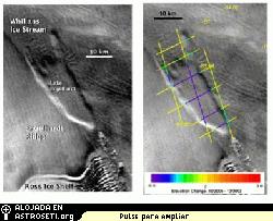 Desde diciembre de 2003 hasta diciembre de 2005, MODIS captur estas dos imgenes que muestran un descenso del nivel de agua en un lago sub-glacial (izquierda) y el aumento del nivel en el mismo lago (derecha). Los trazos codificados en color de ICESat que cruzan ambas imgenes indican esas elevaciones del agua del lago.
Crdito: NASA