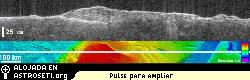 La imagen superior de esta composicin es una representacin de radar del MARSIS, que muestra datos del subsuelo de Marte en los depsitos estratificados ricos en agua congelada, que rodean el polo sur del planeta.  La imagen inferior muestra la posicin del seguimiento del terreno de la nave (indicado con una lnea blanca) en un mapa topogrfico de la zona, basado en datos de la Mars Global Surveyor de la NASA.
Crdito: NASA/JPL/ASI/ESA/Univ. of Rome/MOLA Science Team