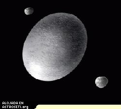 Interpretación artística de 2003 EL61, también conocido como “Santa” y sus satélites Pinchar <a href="http://66.240.198.75/albums/meteor/and.jpg" target="_blank">aquí</a> para ampliar..
Crédito de la imagen: NASA/ESA/HST/A. Field (STScI)