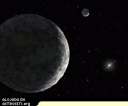 Interpretación artística de Eris (el objeto anteriormente conocido como Xena) y su satélite Disnomia. En la distancia se ven el Sol y los planetas.
Crédito: R. Hurt, IPAC
