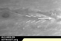 <p>El propio chorro, situado a 27.5 grados de latitud sur, se indica por la flecha grande horizontal. Los vientos en este chorro soplan continuamente a velocidades de unos 320 kilómetros por hora</p>