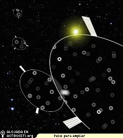 Representacin artstica de los discos voladores de 60 centmetros de dimetro. Son transparentes, pero difuminan la luz transmitida en una dona, como se muestra en las estrellas de fondo. La luz solar transmitida tambin se disemina, de modo que no llega a la Tierra.
Crdito: Roger Angel/Tom Connors, Universidad of Arizona 