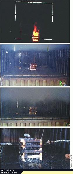 <i>Esta secuencia de fotos muestra una extinción normal de fuego del sistema EEC (Water Mist System) en el Centro de Entrenamiento e Investigación del Fuego en Arvada, Colorado. Una nube claramente visible de bruma desciende sobre las flamas, apagando el fuego rápido y eficientemente. Los efectos de los tamaños de diferentes gotas y las concentraciones se prueban para determinar los parámetros óptimos del sistema. </i>