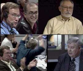 Científicos de la misión Cassini, Don Matson (derecha abajo); Charles Elachi y Don Mitchell (izquierda arriba); el director del equipo de navegación, Jeremy Jones (derecha arriba); el director del programa y del control de la misión en el JPL Robert Mitchell (izquierda abajo).
Crédito: JPL/NASA