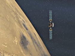 La Mars Express, sobre la fina atmósfera superior marciana, consiguió con éxito entrar en órbita en Navidades de 2003.
Crédito: NASA/JPL