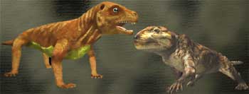 El choque de la criatura más lista sobre la Tierra durante la era Paleozoica, el cinodonte (a la derecha) y el máximo depredador de su época (a la izquierda), el más grande de los vertebrados carnívoros: el gorgon. Ambos eran reptiles, pero los descendiendes del cinodonte resistieron muchos cambios climáticos para generar un bípedo erecto: los mamíferos humanos.