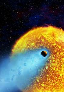 Esta ilustracin artstica muestra un acercamiento dramtico del planeta extrasolar chamuscado HD 209458b en su rbita a slo 4 millones de millas de su estrella amarilla, tipo Sol. El planeta es un tipo de planeta extrasolar conocido como Jpiter caliente. 
Crdito: ESA, Alfred Vidal-Madjar (Institut d