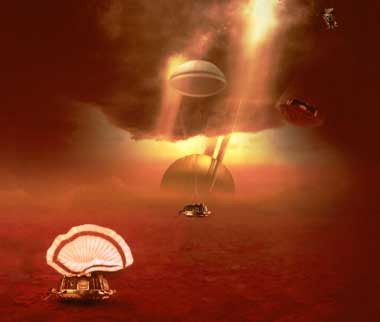 Huygens se lanza en paracadas sobre Titn. Para daros una idea de lo sensibles que son estas antenas, si estuviramos escuchando una sonda en sistema solar exterior, cerca de Jpiter o Saturno, durante mil millones de aos, y juntsemos todas las seales recolectadas, tendramos apenas la energa que gasta la luz de un flash fotogrfico al encenderse, comenta Peter Doms, director del programa y sistemas Red Espacio Profundo [DSN] en el JPL. Una vez que se recibe una seal, empieza el trabajo de las impresoras: los datos del DSN son retransmitidos usando conexiones por microondas, va satlite, lneas de tierra y cables submarinos, hasta alcanzar su destino final. 
<i>Crdito: ESA</i>
