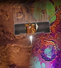 Un renderizado artístico de 2001 Mars Odyssey a su entrada en órbita. El 28 de octubre de 2003, durante un período de intensa actividad solar, el instrumento de detección de radiaciones dejó de funcionar correctamente.
Créditos: JPL