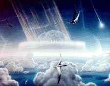 Esta pintura representa un asteroide chocando contra los llanos mares tropicales de la pennsula rica en azufre de Yucatn, en lo que es hoy el sureste de Mxico. Se cree que la consecuencia de esta inmensa colisin asteroidal, que ocurri hace aproximadamente 65 millones de aos, fue la extincin de los dinosaurios y de muchas otras especies sobre la Tierra. 
Crdito: Donald E. Davis