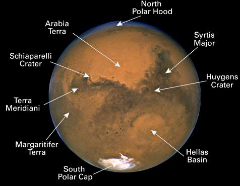 Marte tal y como es visto en la oposición de finales de agosto de 2003 por el Telescopio Espacial Hubble. La región Isidis, la más cercana a la región oscura, muestra como Syrtis Major está en el centro a la derecha. Chusma Ganges está cercano a la región que se muestra en la mitad izquierda de la imagen, cercano al Cráter Shiaparelly. Créditos: NASA/STSci/Hubble