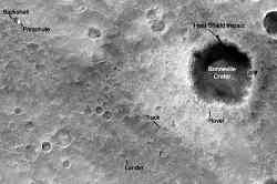 La cmara orbital de Marte en la Global Surveyor capta las huellas del explorador Spirit desde la rbita. Haga clic aqu para una vista <A href="http://www.astrobio.net/articles/images/marstrack_lg.jpg">ampliada</A>. 
Crdito: NASA/JPL/MSSS