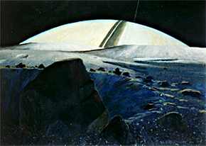 El amanecer en Mimas, pintura con acrílicos de lo que vería un astronauta mirando hacia Saturno desde Mimas.
Crédito:William K. Hartmann, FIAAA