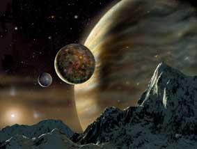 Imagen de una luna orbitando un planeta extrasolar en órbita alrededor de la estrella HD70642.
Crédito:David A. Hardy, astroart.org (c) pparc.ac.uk