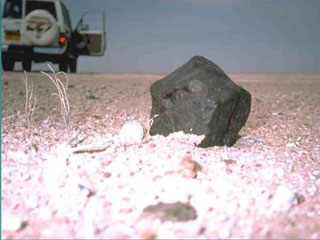 Fotografía de la expedición conjunta suizo-omaní de búsqueda de meteoritos en 2002.
Crédito: Edwin Gnos