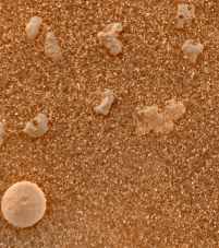 Colores naturales del suelo en su contexto. Los cientficos esperan encontrar mayores concentraciones locales cuando se muevan por los alrededores dentro del crter. Desde este punto el rover es capaz de desplazarse hasta 100 metros por da. El director del centro JPL ha descrito la capacidad del rover como el equivalente de mltiples lugares de aterrizaje cada da. Crdito: NASA/JPL