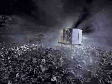 La impresión del artista muestra el aterrizador Rosetta anclado a la superficie del cometa junto con instrumentos, patas y paneles solares.
Crédito: ESA 2001. Ilustración por Medialab