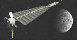 Prototipo de la nave a propulsión nuclear JIMO, con su forma llena de aletas.
Créditos de imagen: NASA/ JPL