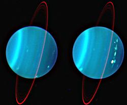 La superficie activa del ms pequeo de nuestros gigantes de gas, Urano, con su tenue anillo. Los dos equipos utilizaron filtros estrechos en longitudes de onda del infrarrojo para estudiar los rasgos de la atmsfera y del conjunto de anillos, ambas cosas enormemente mejoradas por el sistema de ptica adaptativa del Keck. Los telescopios terrestres estn ayudando a los astrnomos a seguir los cambios climticos en la atmsfera del planeta. <i>Crdito: Keck/U. Hawaii</i>