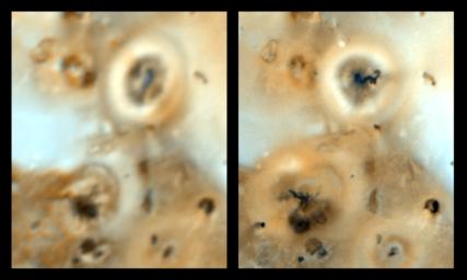 Volcanes en Io, la luna de Jpiter, son comparados en estas imgenes de la sonda Galileo de la NASA tomadas a principios de Septiembre de 1996, con las de la sonda Voyager (izquierda) tomadas en 1979.  Prometheus (el anillo brillante arriba a la derecha) fue el primero en ser visto como un volcn en erupcin por la sonda Voyager y con un penacho activo todava.  Uno ms pequeo fue descubierto en el volcn de Culann Patera (zona oscura abajo a la izquierda) por la sonda Galileo [<a href=http://photojournal.jpl.nasa.gov/cgi-bin/PIAGenCatalogPage.pl?PIA00495 target=_blank><u>ms informacin</u></a>]