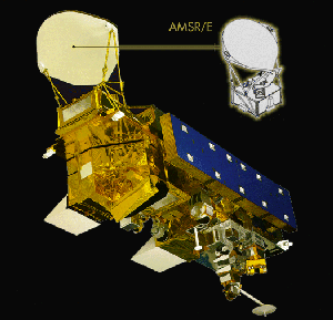 El Escáner Radiométrico-EOS Avanzado de Microondas (AMSR-E) está en la parte frontal superior de la nave espacial EOS Aqua. Imagen cortesía de Proyecto Aqua, Centro de Vuelos Espaciales Goddard.