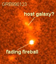 Esta imagen de la GRB 990123, fue obtenida por el telescopio Hubble dos semanas despus de que se detectara una GRB, en Enero 23 de 1999. La imagen cubre una regin cuadrada con 3,2 segundos de arco por lado, con una languideciente esfera luminosa en el centro y cercana a una galaxia irregular que podra ser el husped del objeto que estall <A HREF= http://antwrp.gsfc.nasa.gov/apod/ap990210.html target=_blank>[ms informacin]</A>