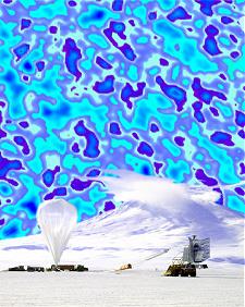 La Radiacin Csmica de Fondo de Microondas (CMB por sus siglas en Ingls) sobre el Monte Erebus en la Antrtica.  En esta figura fantstica se vislumbra la CMB detrs del sitio de preparacin del lanzamiento del BOOMERANG.  Las imgenes del BOOMERANG del universo primigenio han sido superpuestas sobre el firmamento para mostrar de que tamao apareceran las fluctuaciones en una cmara de 35 mm sensible a la luz de microondas.  El color de las imgenes CMB ha sido modificado para que combine estticamente con el resto de la figura.  Las imgenes CMB y la fotografa del pre-lanzamiento estn disponibles por separado [<A HREF= http://www.physics.ucsb.edu/~boomerang/press_images/index.html target=_blank>Ms imgenes</A>].