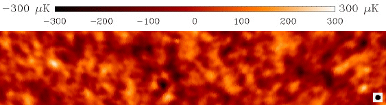 Una imagen del universo primitivo tomada por el telescopio BOOMERANG durante un perodo de 10 das en Diciembre de 1998  Enero de 1999.  Las enormes estructuras en el universo primigenio que son invisibles al ojo desnudo, aparecen cuando se observan utilizando un telescopio sensible a la luz de ondas milimtricas.  Esta es una parte de una imagen ms grande que cubre aproximadamente 1800 grados cuadrados del firmamento austral.  Para tener una idea de la escala, se muestra el tamao aparente de la luna en el extremo inferior derecho de la figura. [<A HREF= http://www.physics.ucsb.edu/~boomerang/press_images/index.html target=_blank>Ms imgenes</A>]