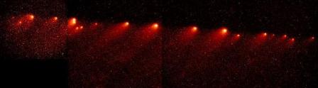 El cometa Shoemaker-Levy 9 se rompi en mltiples pedazos durante un encuentro cercano con el planeta Jpiter en 1992. Dos aos ms tarde se acerc tanto al planeta que sus fragmentos se hundieron en la atmsfera de Jpiter. Al igual que los pedazos del SL-9, la mayora de los cometas sungrazers son los restos de un nico cometa que se fractur en parte cuando pas cerca del Sol hace tal vez 2.000 aos. [ms informacin]