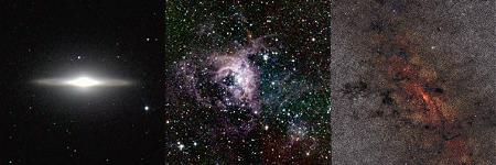 Izquierda: La galaxia Sombrero, Messier 104. Centro: La Nebulosa Tarntula, HII regin 30 Doradus Derecha: El Centro de nuestra Galaxia La Va Lctea. <A HREF= http://www.ipac.caltech.edu/2mass/gallery/second/ target=_blank>Ojea mas ejemplos de imgenes del 2MASS!</A>