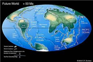 La posible apariencia de la Tierra dentro de 50 millones de aos. frica ha chocado con Europa, cerrando el mar Mediterrneo. El Atlntico se ha ensanchado, y Australia ha migrado hacia el norte.
Imagen: Cortesa Dr. Christopher Scotese
