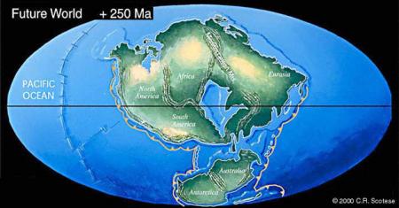 Un mapa del mundo, como aparecera dentro de 250 millones de aos. Ntese el agrupamiento de la mayora de las masas de tierra del planeta en un sper-continente: Pangea Ultima, con un mar interior (todo lo que queda del una vez poderoso ocano Atlntico.
Imagen: Cortesa Dr. Christopher Scotese
