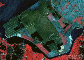 Ejemplo de una imagen de un satélite Landsat. En esta imagen en falso color, la vegetación aparece en rojo, el agua aparece en negro o azul oscuro, y las áreas urbanas aparecen en celeste o azul verdoso. IJsselmeer, Netherlands, 1973.