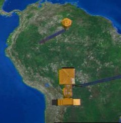 Esta representación del EO-1 (arriba) y el Landsat 7 (debajo) sobre América del Sur da una impresión sobre el tamaño relativo de los dos satélites. Presione sobre la imagen para ver un video en cámara rápida de 95 kb que ilustra la formación de vuelo.